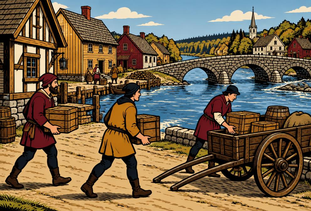 Medieval illustration inspired by Topsham, showing household removal with a hand pulled cart