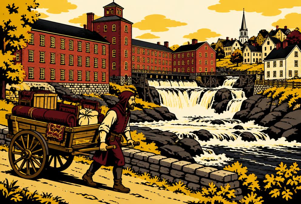 Medieval style illustration inspired by Westbrook, with a hand pulled cart of household furniture beside riverfront mills and falls