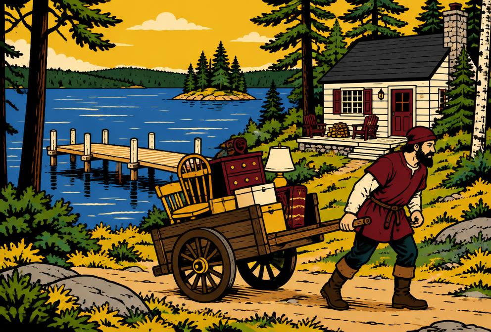 Medieval style illustration inspired by Windham, with a hand pulled cart of household furniture beside a wooded lake and cottage