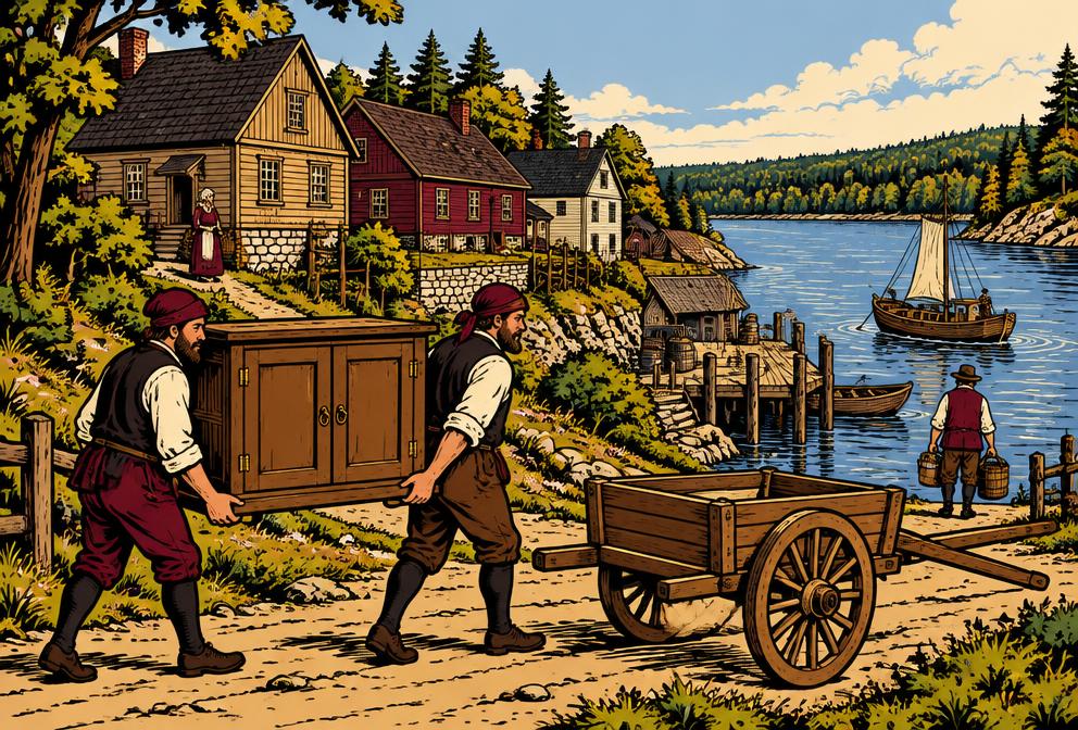 Medieval illustration inspired by Woolwich, showing household removal with a hand pulled cart