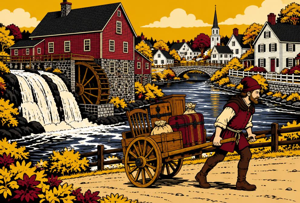 Medieval style illustration inspired by Yarmouth, with a hand pulled cart of household furniture beside a village mill and river falls